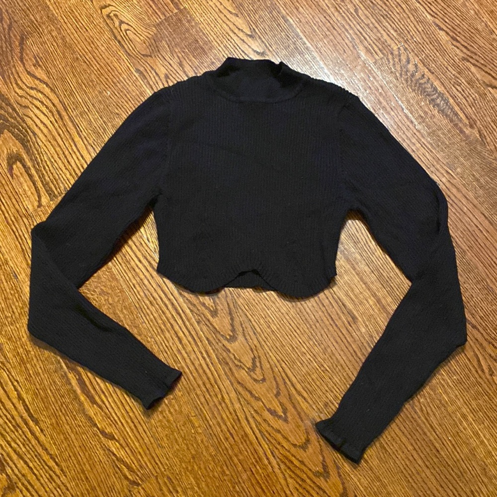 Asos Design Black Knit Scalloped Crop Mock neck Long Sleeve Sweater